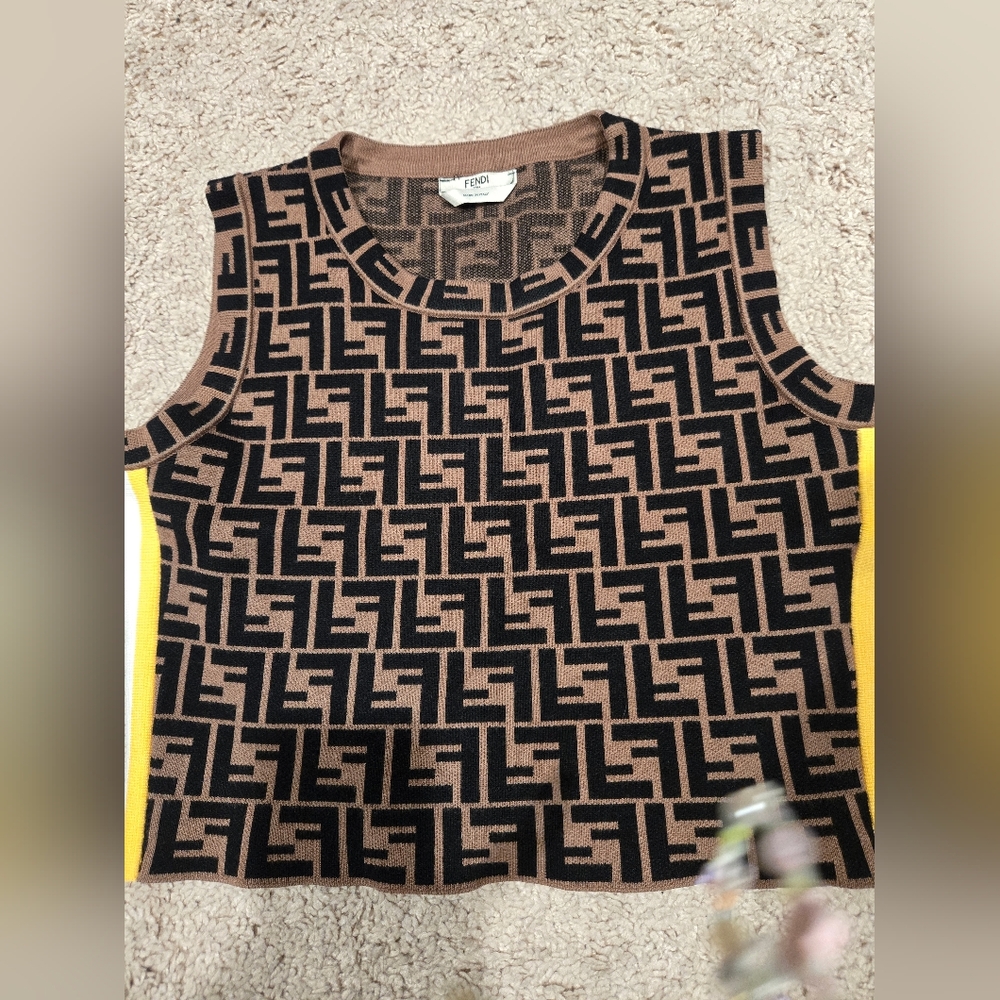 Fendi Brown & Black Monogram Knit Tank with Yellow Side Trim